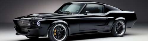 A modern black electric Ford Mustang muscle car with a sleek, aggressive design. Dual UHD wallpaper images