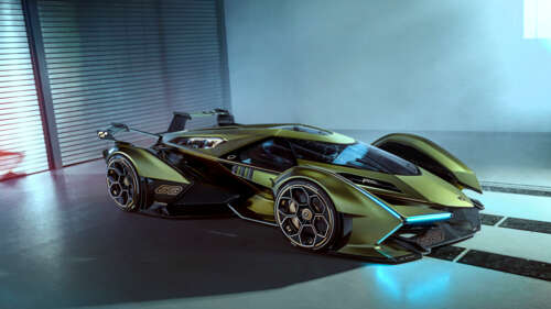 A futuristic Lamborghini Lambo V12 Vision Gran Turismo supercar showcasing its aerodynamic... 8K free wallpaper