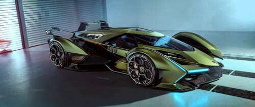 A futuristic Lamborghini Lambo V12 Vision Gran Turismo supercar showcasing its aerodynamic... UWUHD wallpaper images