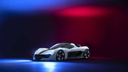 A sleek, aerodynamic modern sports car presented in a professional studio setting. 8K free wallpaper for computer
