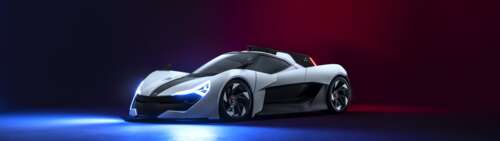 A sleek, aerodynamic modern sports car presented in a professional studio setting. Dual UHD free desktop wallpaper