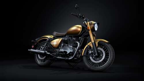 A close-up shot of the 2025 Anniversary Edition motorcycle on display at the EICMA... free background
