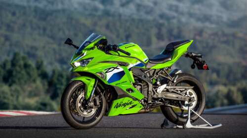 A detailed, high-resolution view of the 2026 Kawasaki Ninja ZX-4RR sports motorcycle. free background
