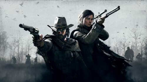 A gritty Hunter from Hunt: Showdown standing in a dark, misty swamp environment with... wallpaper