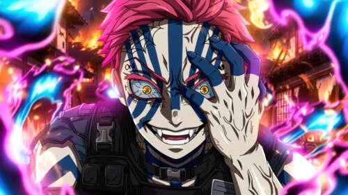 An intense and detailed portrayal of Akaza from the anime Demon Slayer: Kimetsu No...