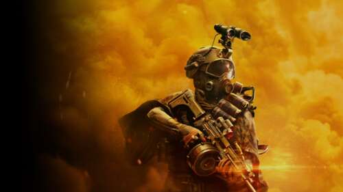 A soldier in advanced tactical gear amidst a smoking, war-torn battlefield.