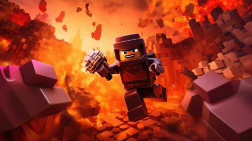A 3-dimensional blocky character made of colorful plastic bricks standing in a vibrant,... free hd wallpapers
