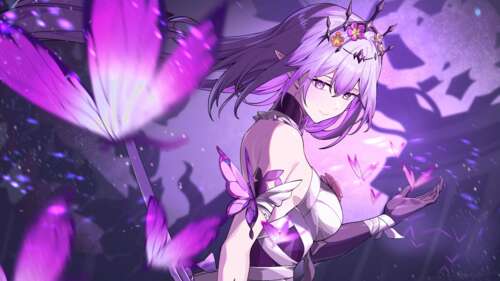 An anime girl named Castorice surrounded by magical purple butterflies and glowing... wallpaper download