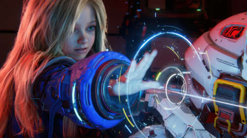 Diana from Pragmata performing combat maneuvers in a sci-fi setting. wallpaper images