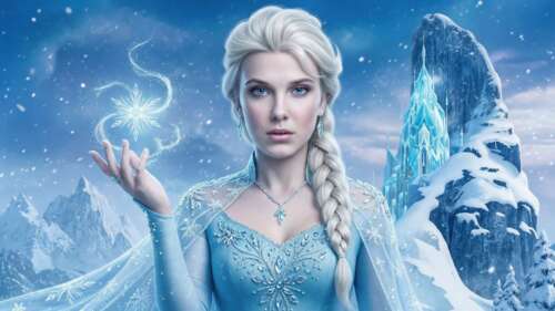 A majestic portrait of Elsa from Disney's Frozen with flowing blonde hair and royal... wallpaper