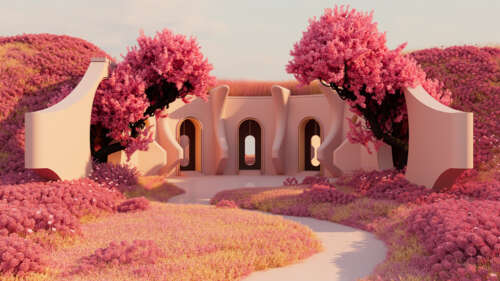 A futuristic and surreal outdoor landscape featuring ethereal architectural structures... free wallpaper