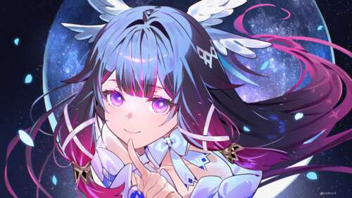 An anime girl with striking purple eyes and large white angel wings standing before... wallpaper