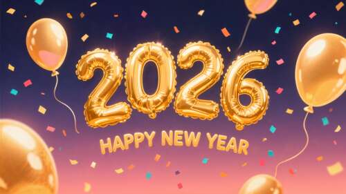 Golden 2026 text surrounded by colorful balloons and falling confetti for New Year... wallpaper