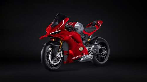 A high-resolution, close-up shot of a red Ducati Panigale V4 R sports motorcycle... free background