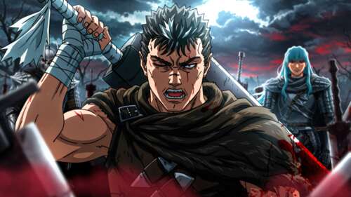 Guts from the Berserk manga wielding his iconic Dragon Slayer sword in the heat of... free wallpaper