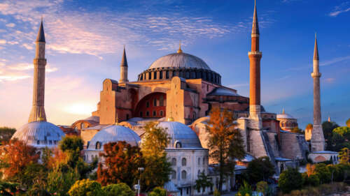 Majestic view of the Hagia Sophia mosque in Istanbul, Turkey, featuring ancient Islamic... free hd wallpapers