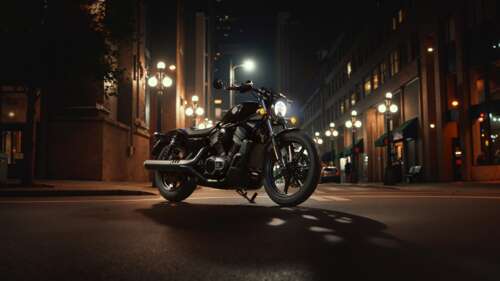 A Harley-Davidson Nightster motorcycle parked on a dark, neon-lit street in a futuristic... free background images