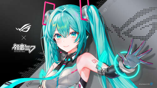 Hatsune Miku from Vocaloid wearing futuristic ASUS ROG gaming gear with neon cyan... free background