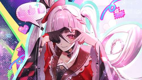 A high-resolution 5K anime girl surrounded by floating pink and red hearts, inspired... wallpaper download