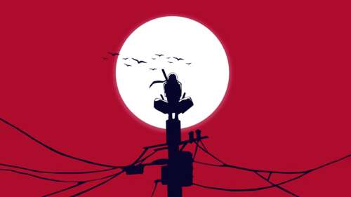 Minimalist illustration of Itachi Uchiha from Naruto featuring a moon on a vibrant...