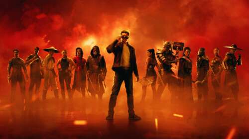 A high-quality movie poster of Johnny Cage, played by Karl Urban, against a striking... wallpaper download