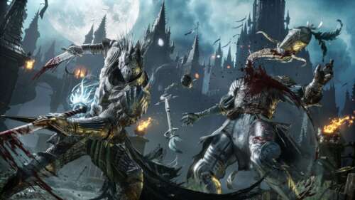 A battle-worn knight in dark fantasy armor performing combat maneuvers in Lords of... high definition wallpaper
