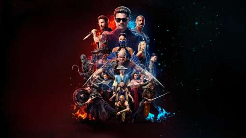 Cinematic 5K movie poster for Mortal Kombat II featuring a gritty warrior in a dramatic,... wallpaper download
