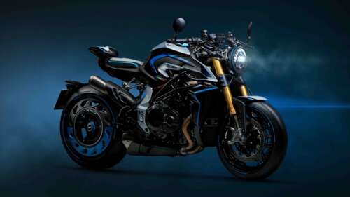 A high-detail shot of a dark blue 2026 MV Agusta Rush Titanio naked motorcycle.