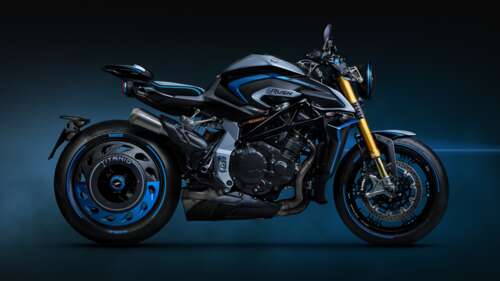 A highly detailed, cinematic shot of the MV Agusta Rush Titanio naked motorcycle...
