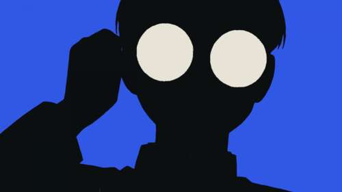 Minimalist silhouette of Okarun (Ken Takakura) from Dandadan on a solid blue background. free wallpaper for computer