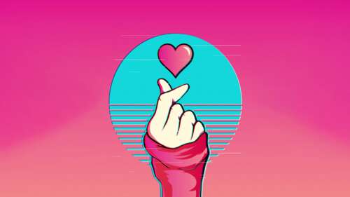 A person performing a finger heart gesture against a pink vaporwave background with... wallpaper