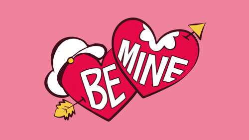 Popeye the Sailor Man surrounded by red hearts on a pink background with a Valentine's... free wallpaper