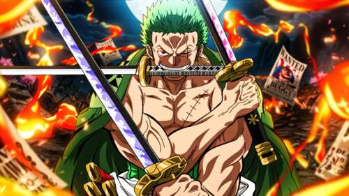 Roronoa Zoro from One Piece wielding his swords in the Three Sword Style technique. free wallpaper