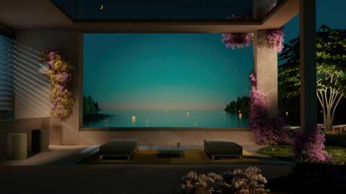 A contemporary outdoor resort terrace with a view of the ocean at night under a starry...