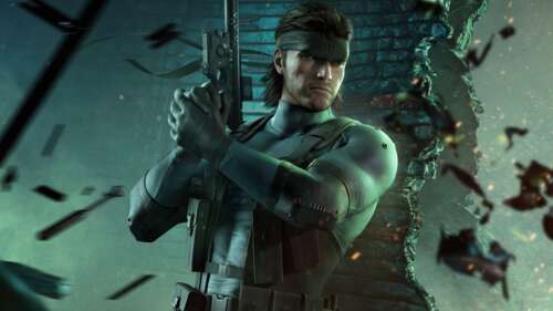 A cinematic, high-resolution portrait of Solid Snake from Metal Gear Solid featuring... free background