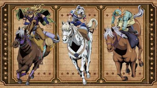 Cinematic anime poster featuring Gyro Zeppeli and Johnny Joestar from JoJo's Bizarre... wallpaper download