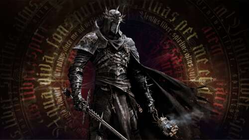 A menacing knight in heavy black plate armor, known as the Dark Crusader, standing... free background