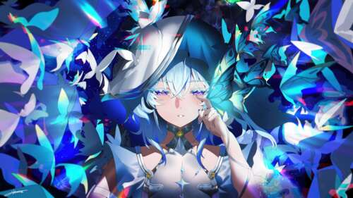 The Shorekeeper from Wuthering Waves surrounded by glowing blue butterflies in a... free hd wallpapers