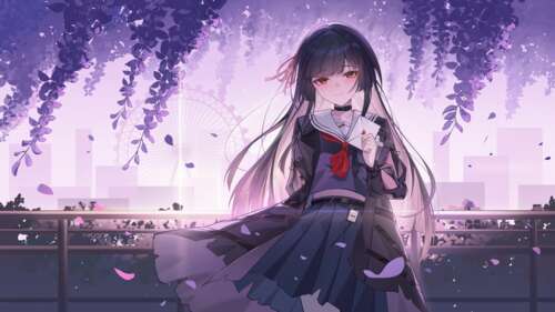 An anime girl with purple-themed features and hair, set against a beautiful purple... wallpaper photo gallery download