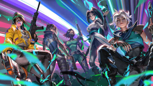 A group portrait of Valorant characters Viper, Sage, Jett, Killjoy, and Fade. pictures for wallpaper
