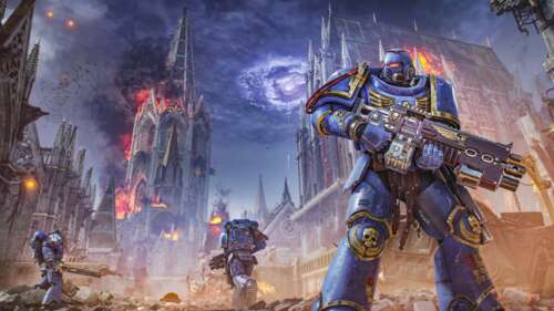 A cinematic poster featuring an armored Space Marine from the video game Warhammer... wallpaper for pc download