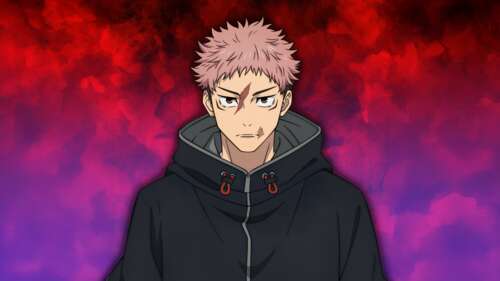 Yuji Itadori from Jujutsu Kaisen with pink hair wearing a hoodie against a red background free background