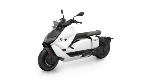 A sleek 2025 BMW CE 04 electric scooter isolated on a white background. high definition wallpaper