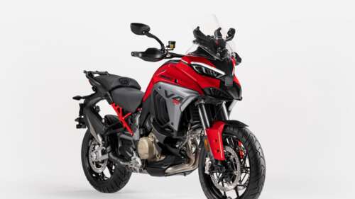 A 2025 Ducati Multistrada V4 S adventure motorcycle isolated on a white background. wallpaper for pc download