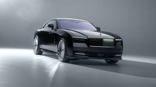 2025 Rolls-Royce Black Badge Spectre with SPOFEC widebody kit on a neutral grey studio... free hd wallpapers