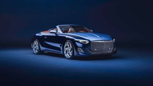 A luxurious blue Bentley Mulliner Batur Convertible positioned against a matching... free background