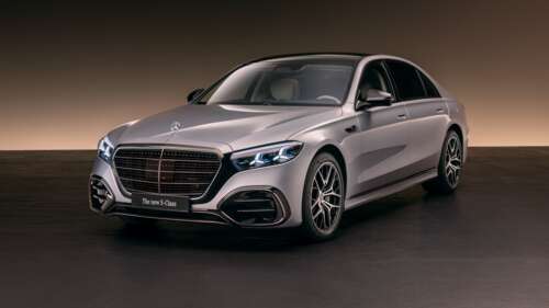 A sleek and futuristic 2026 Mercedes-Benz S 580 e 4MATIC luxury electric sedan featuring... wallpaper download