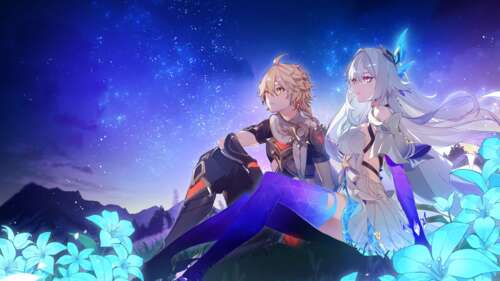 Aether and Skirk from Genshin Impact posing as an anime couple under a beautiful... 4K (Ultra HD) ps4 wallpaper