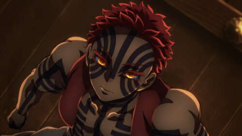 Akaza from Demon Slayer: Kimetsu No Yaiba posing in the shifting Infinity Castle. free background