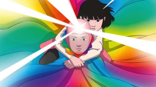 A vibrant 5K animation-style character named Arco surrounded by a magical rainbow... wallpaper download